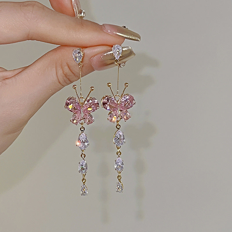 Zircon With Diamond Butterfly Tassel Romantic Earrings Butterfly Tassel