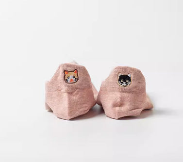 Spring Mesh Breathable Heel Embroidered Cat Women's Boat Socks Pink Free Size