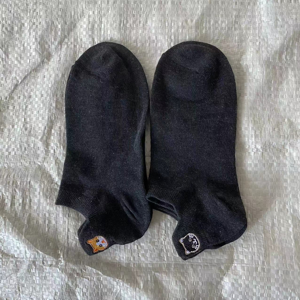 Spring Mesh Breathable Heel Embroidered Cat Women's Boat Socks Black Free Size
