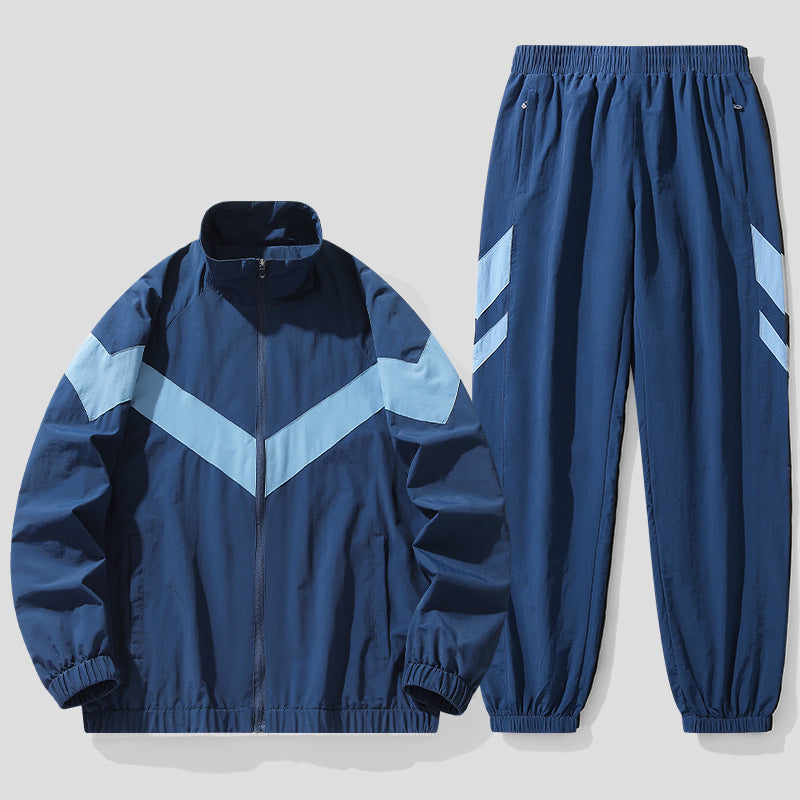 Cardigan Stand-up Collar Breathable Mesh Taslon Coat For Men Exercise Casual Pants Suit Blue