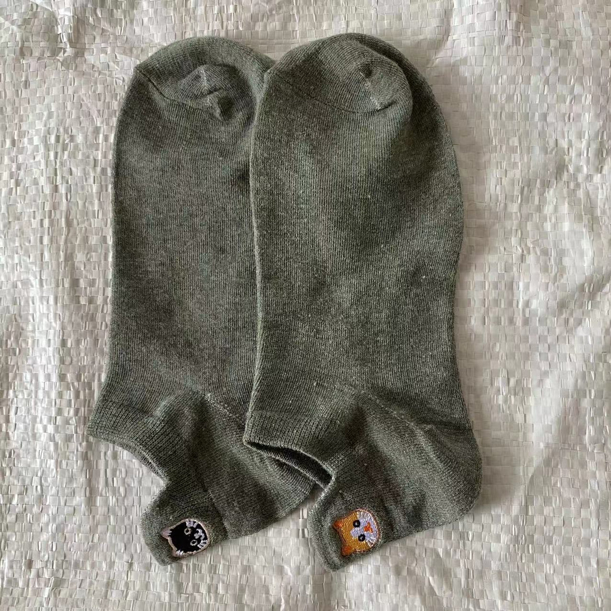 Spring Mesh Breathable Heel Embroidered Cat Women's Boat Socks Dark Green Free Size