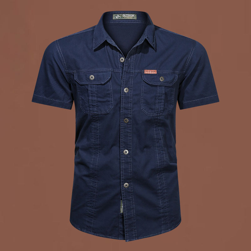 Workwear Short Sleeve Cotton Work Clothes Shirt Outdoor Loose Men's Shirt Dark Blue