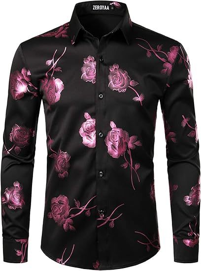 3D Golden Rose Print Slim Fit Long Sleeve Formal Wear Shirt XY7