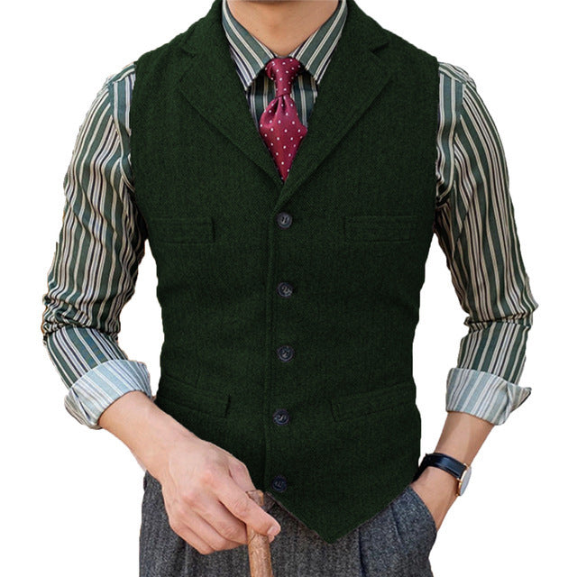 Man's Suit Vest Slim Herringbone Pattern Army Green