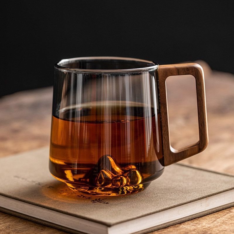 Guanshan Glass Single-layer Side Wooden Handle Drinking Cups Household Large-capacity Milk Tea Juice Single-layer Cup Kitchen Gadgets 400to430mI