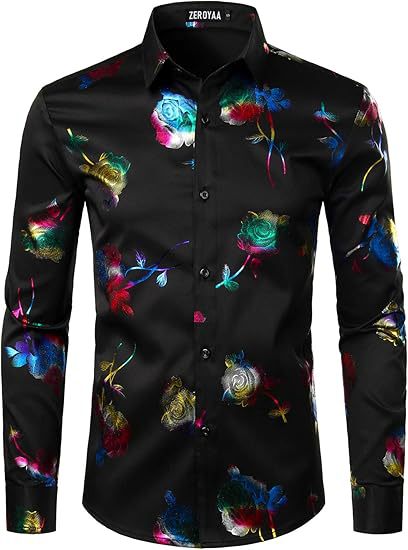 3D Golden Rose Print Slim Fit Long Sleeve Formal Wear Shirt XY5