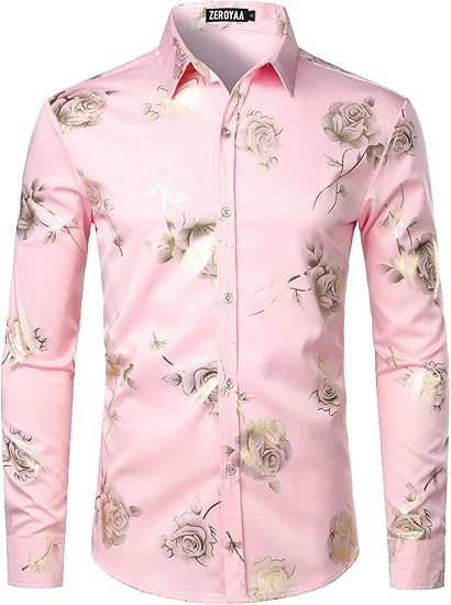 3D Golden Rose Print Slim Fit Long Sleeve Formal Wear Shirt XY8