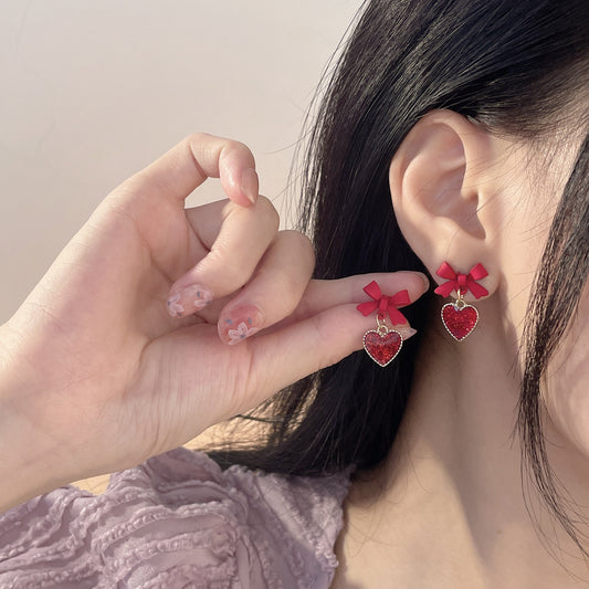 Silver Needle Red Bow Stud Earrings