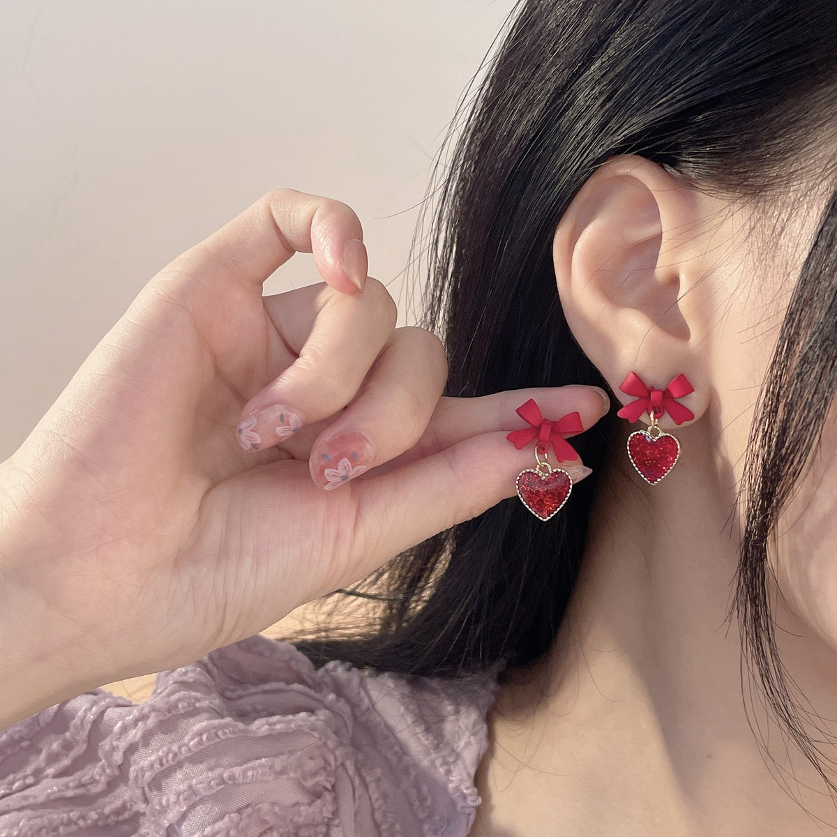 Silver Needle Red Bow Stud Earrings Cushion Ear Clip
