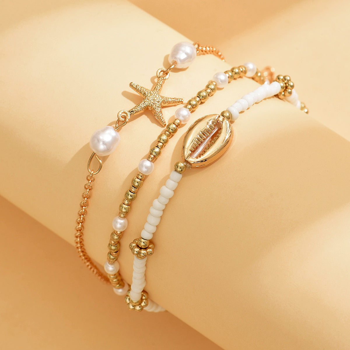 Beach Vacation Bead Shell Starfish Foot Ornaments Anklet Three-piece Set