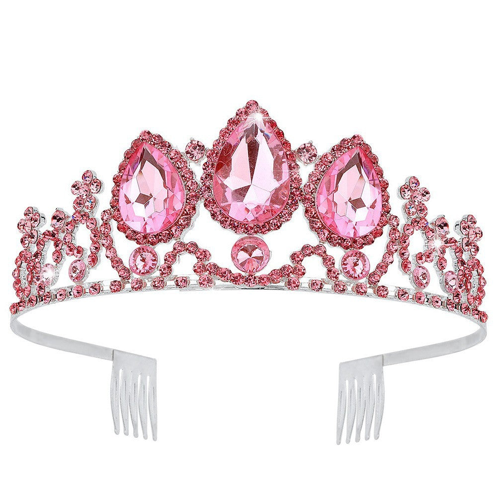 Crown Hair Ornament Water Drop Decoration Crown Girl Rhinestone Hairpin Silver Bottom Hair Comb Pink
