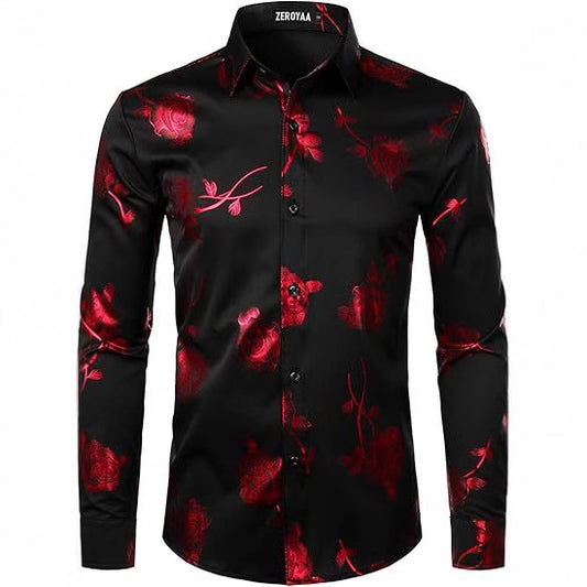 3D Golden Rose Print Slim Fit Long Sleeve Formal Wear Shirt