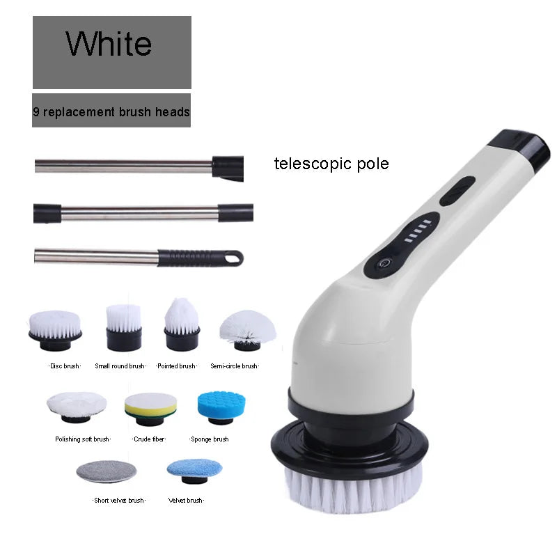 Multi-functional electric cleaning brush automatic rotating telescopic rod wireless hand-held scrubbing equipment cleaning tool WHITE