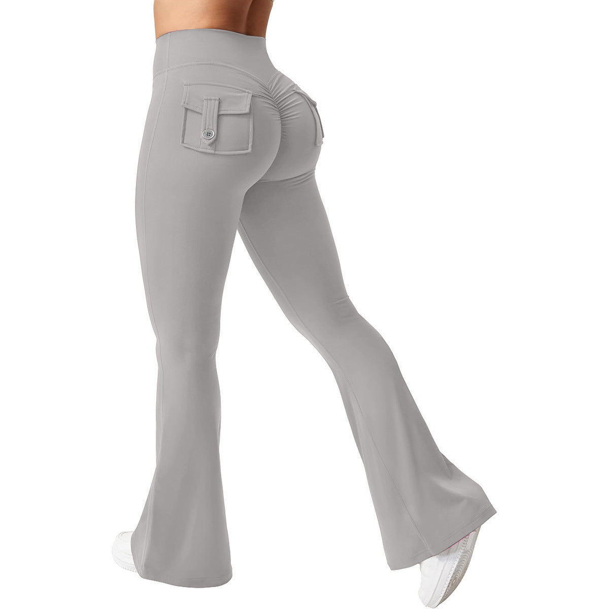 Yoga Peach Hip Pocket Flared Pants For Quick Drying And Abdominal Compression, Small Sexy Pants Light gray