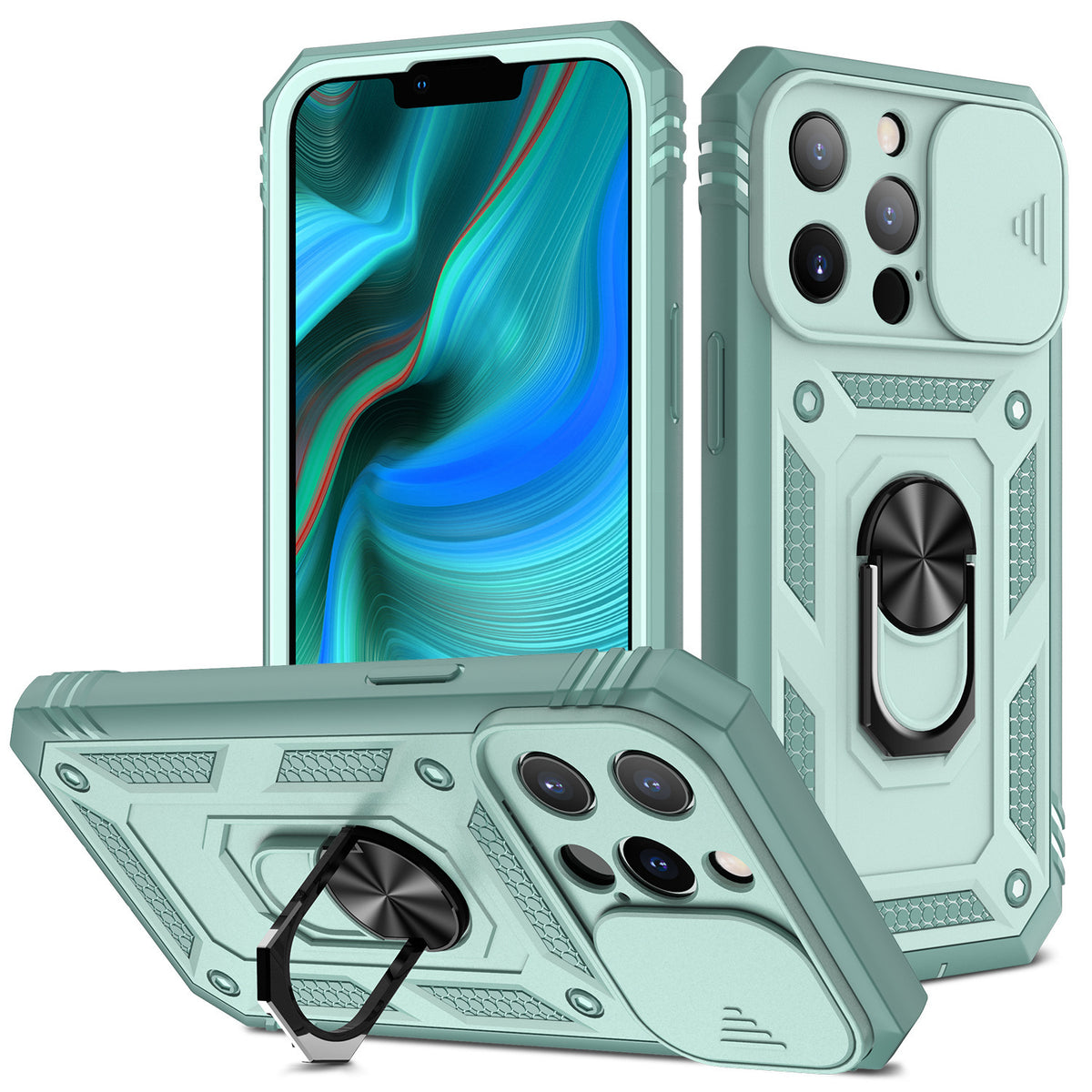 New Magnetic Mobile Phone Case With Sliding Window Bracket Grey green