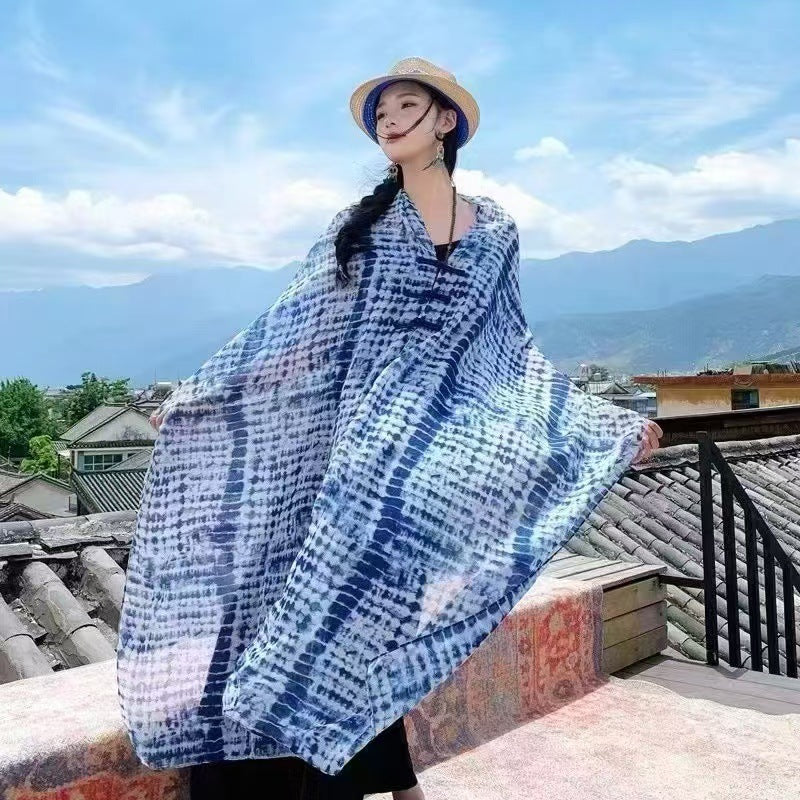 Popular Ethnic Style Shawl Summer Travel Wear Retro Buckle Sun Protection Coat Blue Pattern 180X90cm