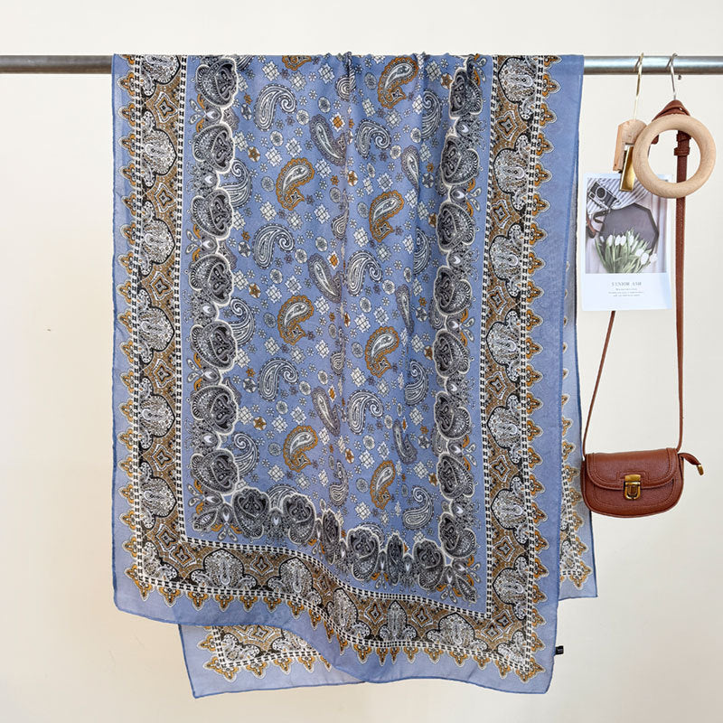 Women's High-grade Versatile Classic Pattern Travel Sun Protection Silk Scarf Shawl Blue 85X180CM