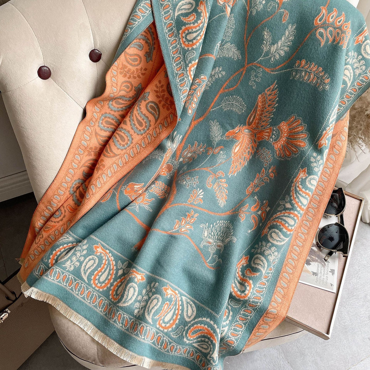 Women's Neck Warmer Office Blanket Cashmere-like Tassel Warm Scarf Sky Blue Orange 185cm