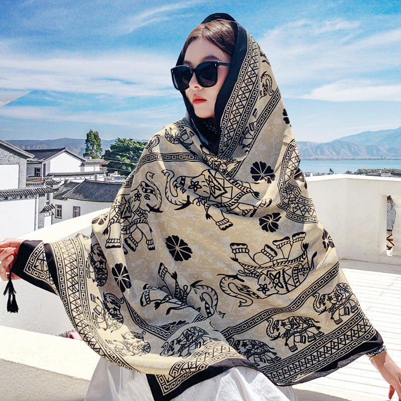Women's Outer Scarf For Traveling In Western Sichuan Grassland Thailand White Elephant Blue Default