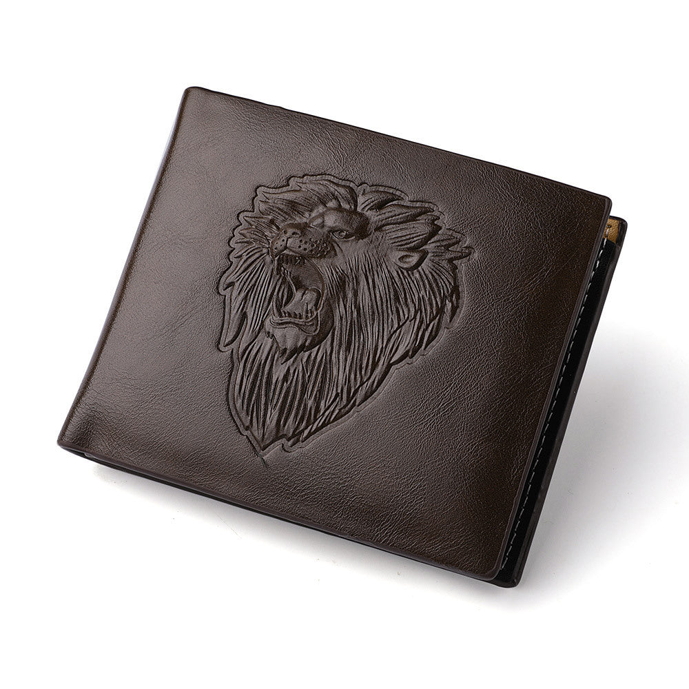 Men's Zipper Wallet Lion Embossed Pattern Animal Dark Brown