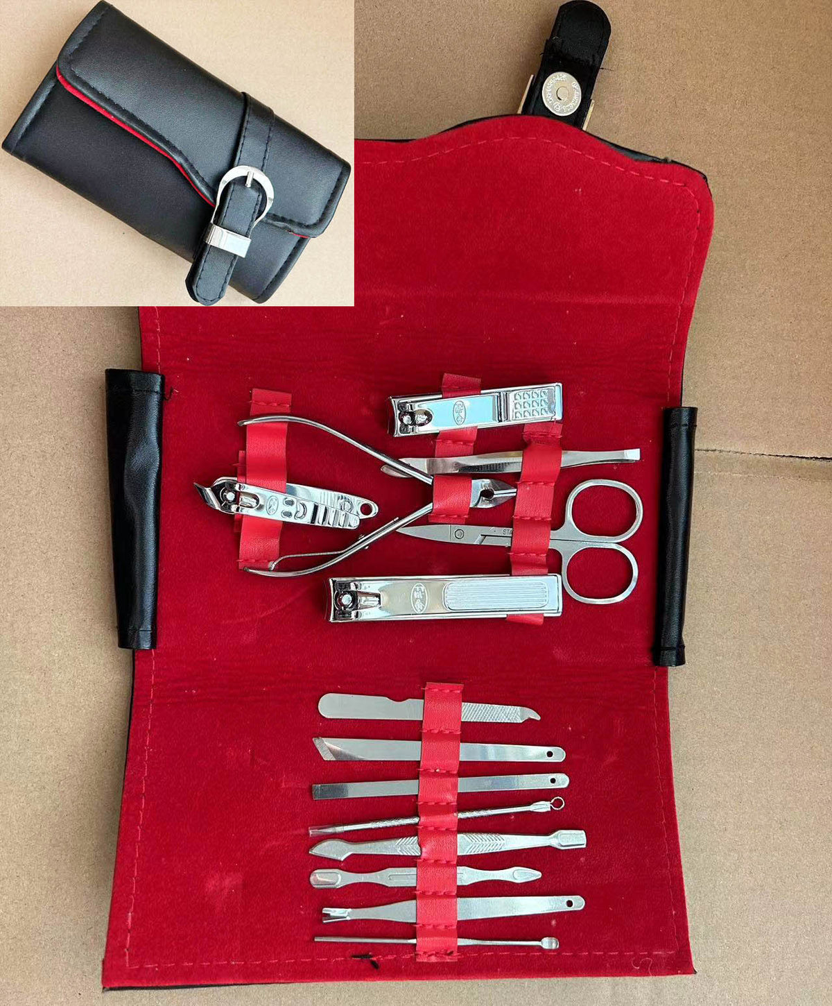 Portable Stainless Steel Nail Clippers Suit Conventional Black Folding Bag 14 Pieces
