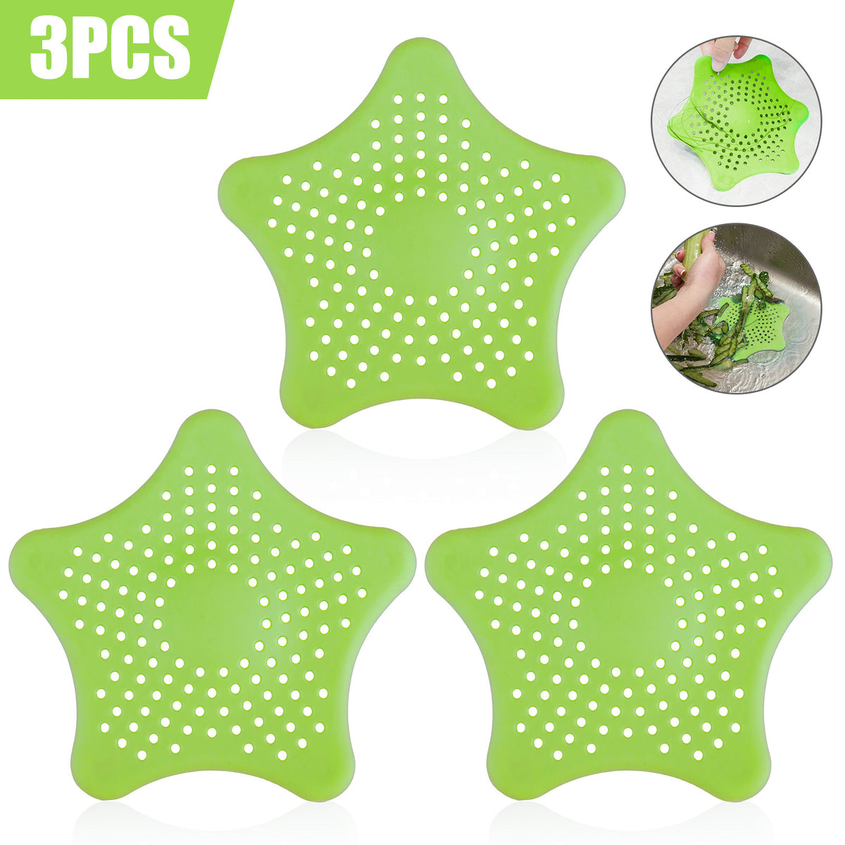 3PCS Silicone Starfish-shaped Sink Drain Filter Bathtub Hair Catcher Stopper Drain Hole Filter Strainer For Bathroom Kitchen Toilet Green 3Pcs