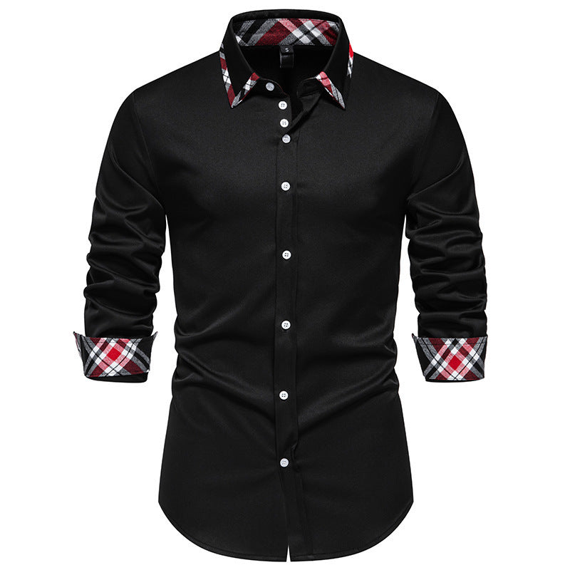 Men's Plaid Contrast Color Triangle Collar Long Sleeve Shirt Black