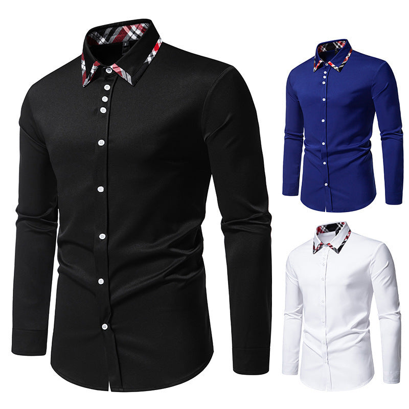 Men's Plaid Contrast Color Triangle Collar Long Sleeve Shirt