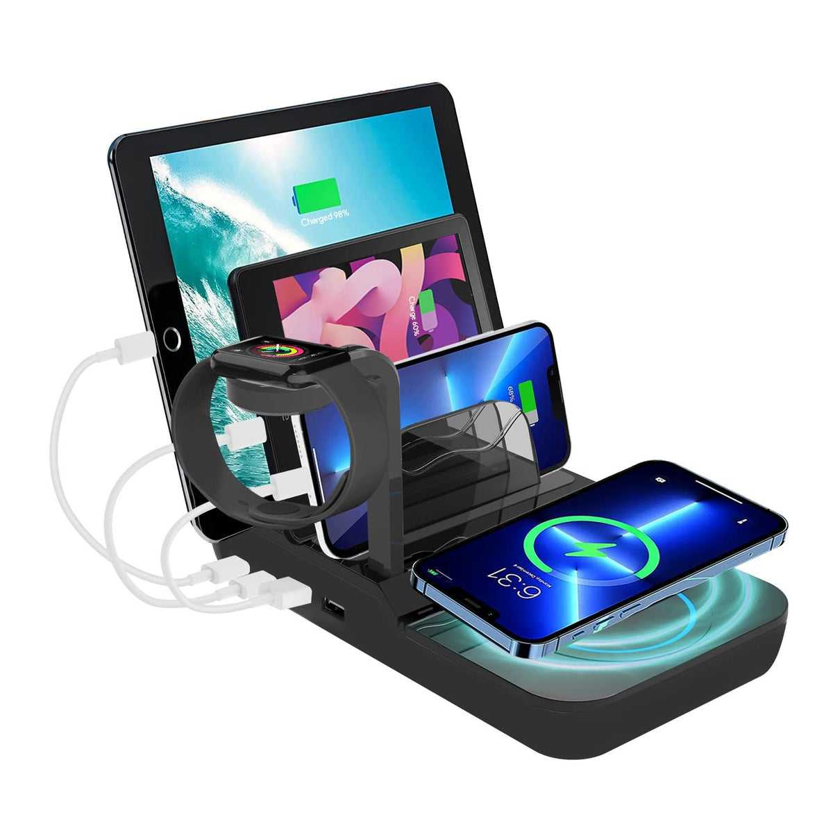 70W Charging Station For Multiple Devices, 5 In 1 Fast Charging Dock With 10W Max Wireless Charger And 4 Ports , 30W USB C PD Fast Charging For IPad, IPhone,Tablets,Kindle Black