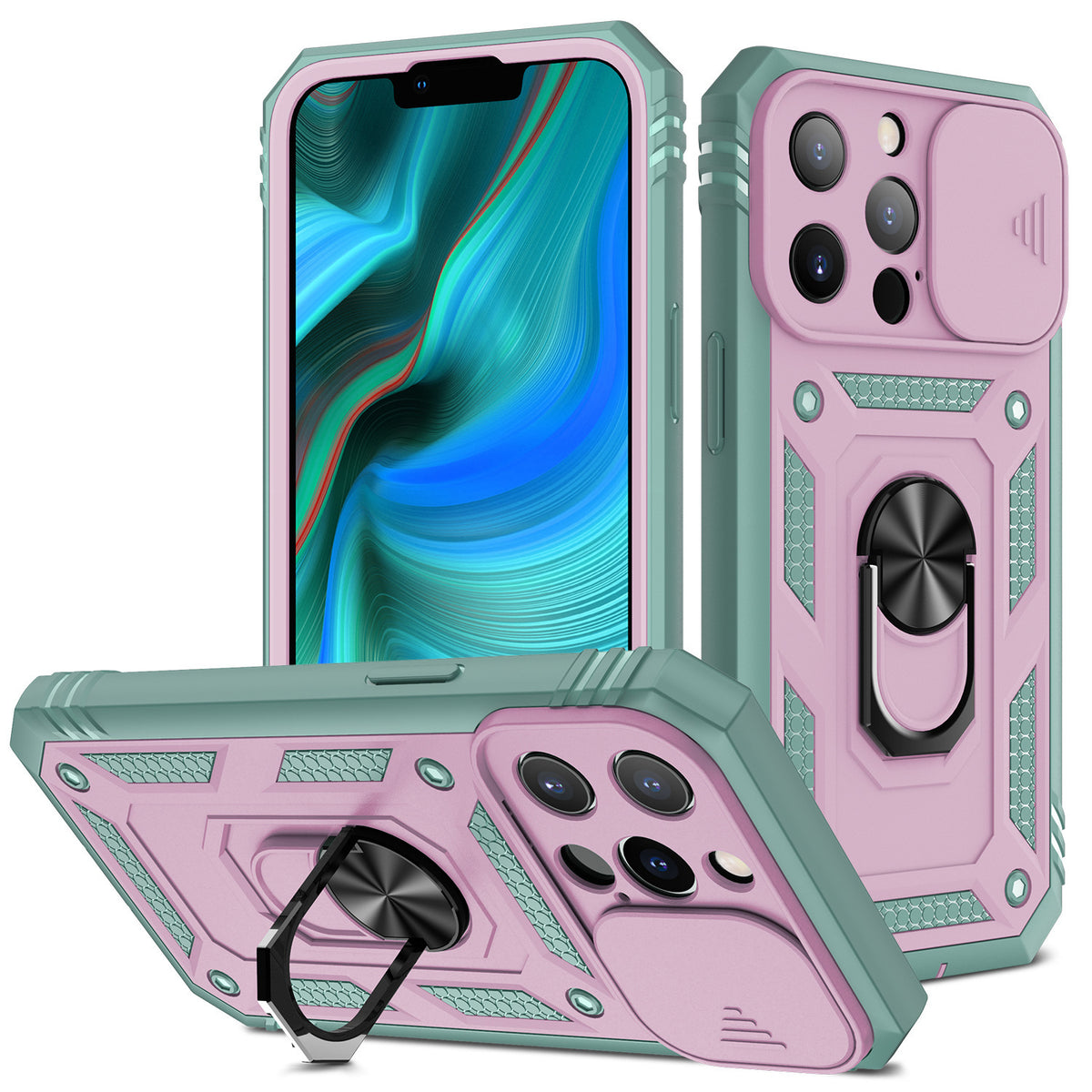 New Magnetic Mobile Phone Case With Sliding Window Bracket Pink and grey green