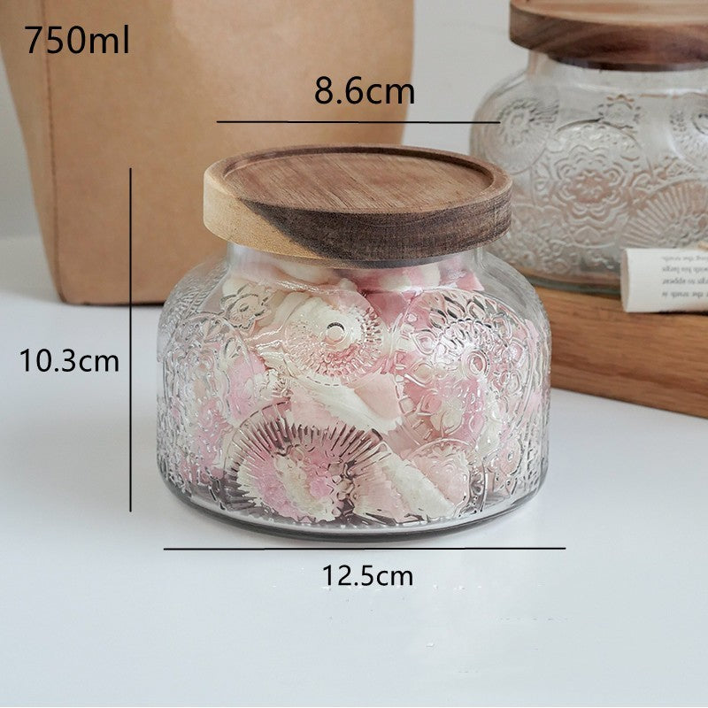Glass Storage Jar Snack Tea Household Sealed Bottles Carved wooden cover