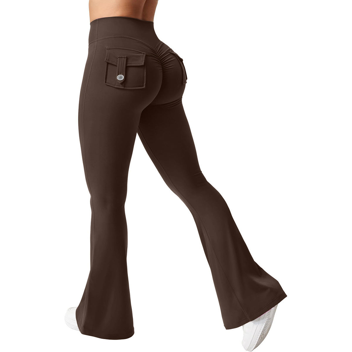 Yoga Peach Hip Pocket Flared Pants For Quick Drying And Abdominal Compression, Small Sexy Pants Coffee