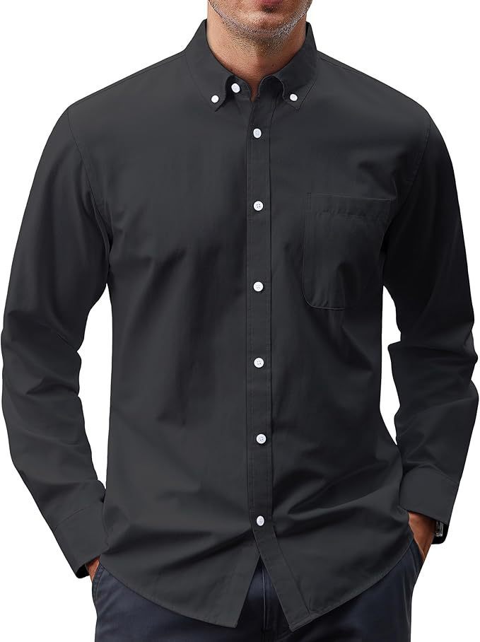 Solid Color Oxford Long Sleeve Button Shirt Black