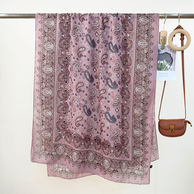 Women's High-grade Versatile Classic Pattern Travel Sun Protection Silk Scarf Shawl Pink 85X180CM