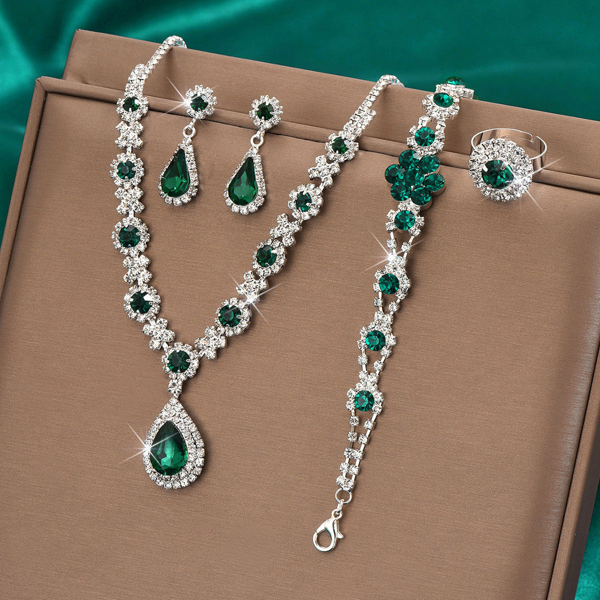 High-grade Crystal Gem Women's Water Drop Necklace Ear Stud Bracelet Ring 907660918 Ring Hole Green