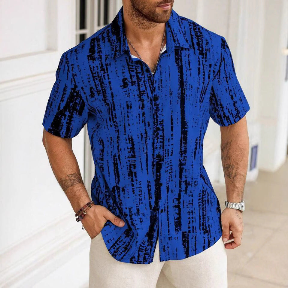 New European And American Summer Casual Anti-wrinkle 3D Printed Men's Short Sleeve Shirt Blue