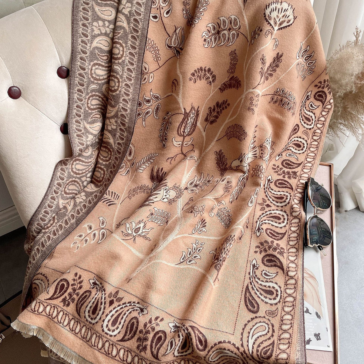 Women's Neck Warmer Office Blanket Cashmere-like Tassel Warm Scarf Camel 185cm
