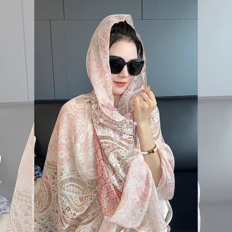 Popular Ethnic Style Shawl Summer Travel Wear Retro Buckle Sun Protection Coat Apricot Paisley 180X90cm