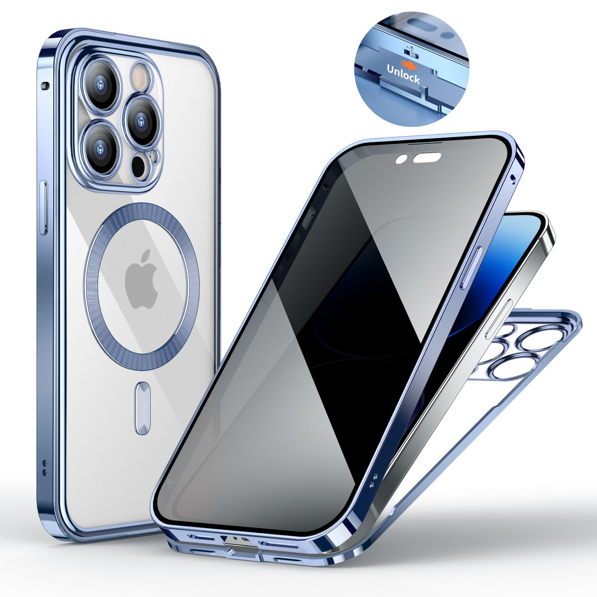 Anti-Privacy Metal Buckle Magnetic Support Wireless Charging Double-Sided Lens Full Cover Phone Case Protective Cover Far Peak Blue