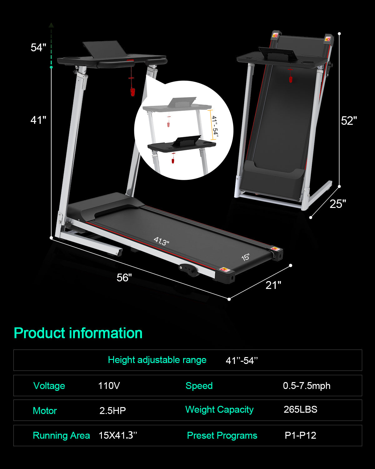 Walking Pad Under Desk Treadmill For Home Office -2.5HP Walking Treadmill 0.5-7.5MPH Capacity Treadmill For Walking Running Remote Control Batteries