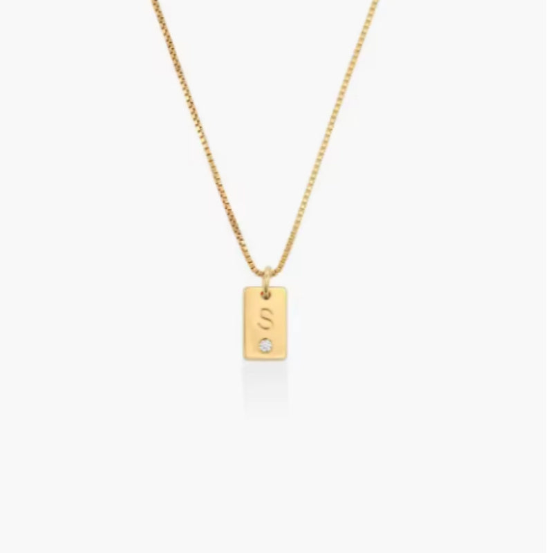 Mini Small Square Custom Initial Birthstone Necklace Gold 14inch 1letter