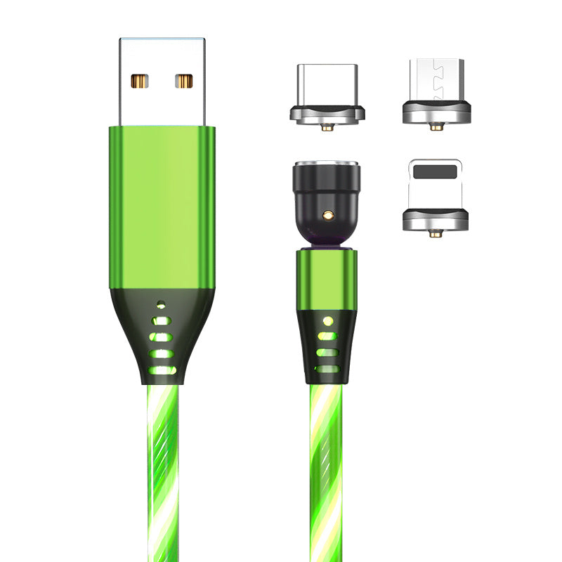 540 Rotate Luminous Magnetic Cable 3A Fast Charging Mobile Phone Charge Cable For LED Micro USB Type C For I Phone Cable Green With 3pcs head