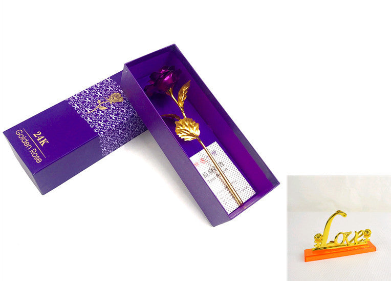 24K Luminous Color Gold Rose Flower Set Purple purple gift with base