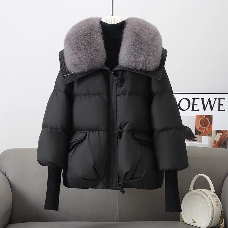Down Cotton-padded Jacket Women's Short Fur Collar Thickened Coat Winter Clothing Black