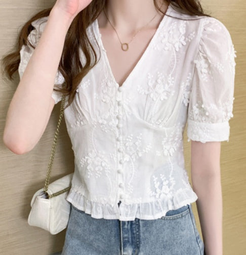 South Korea Dongdaemun Hollow Ladies Short Sleeve White One size