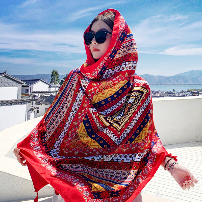 Women's Outer Scarf For Traveling In Western Sichuan Grassland Artistic Retro Dark Red Default