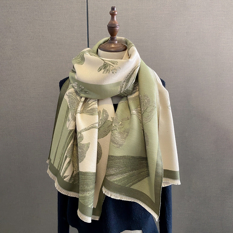 Cape Printing Pattern Tassel Air-conditioned Room Cape Blanket Autumn And Winter Green 65X185cm