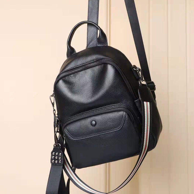 Casual Versatile Double Shoulder Wrap Layer Cowhide Women's Fashion Backpack Black