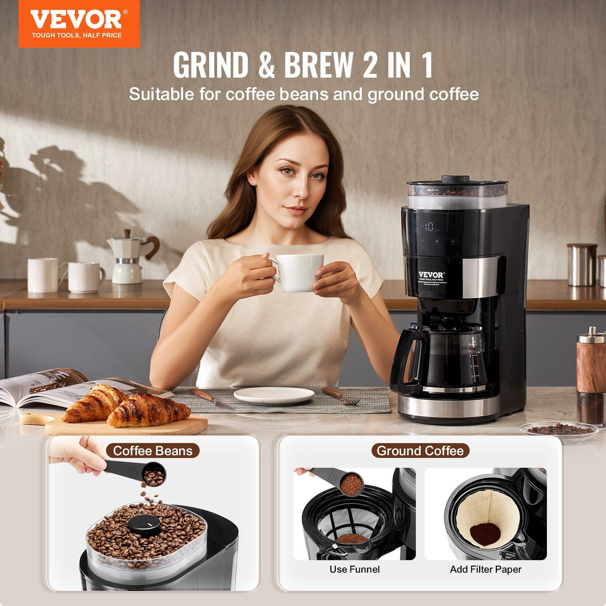 VEVOR 10-Cup Coffee Maker Drip Coffee Machine With 3 Brew Strength Control