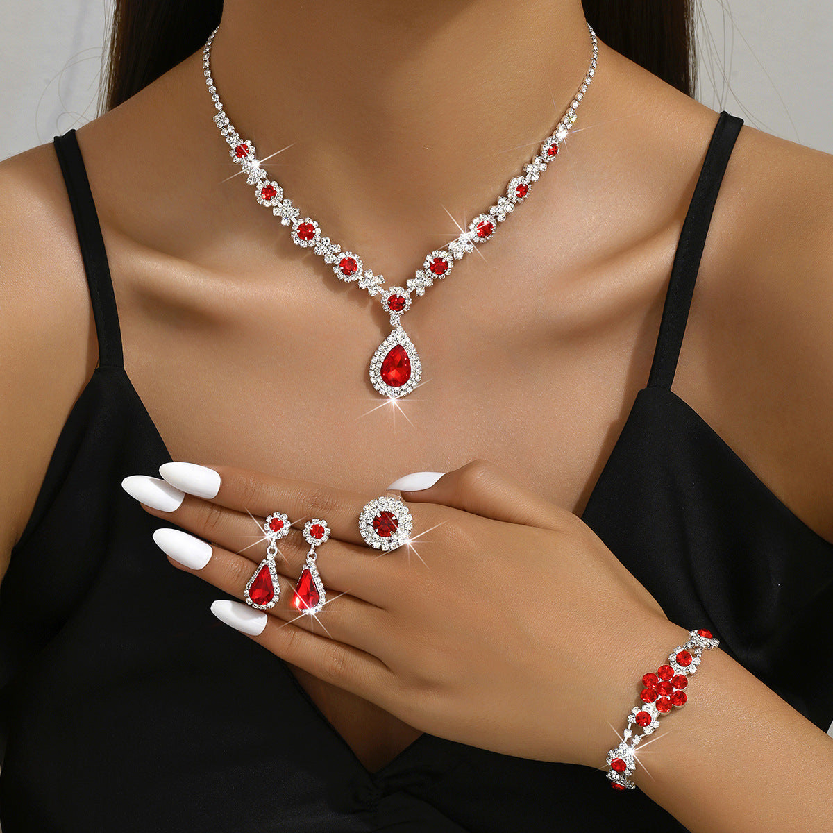 High-grade Crystal Gem Women's Water Drop Necklace Ear Stud Bracelet Ring